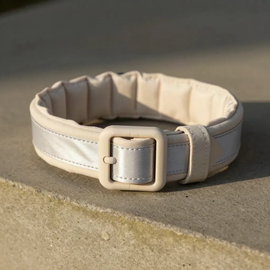 Reflective padded dog collar looping on stone with matte buckle and stitched lining