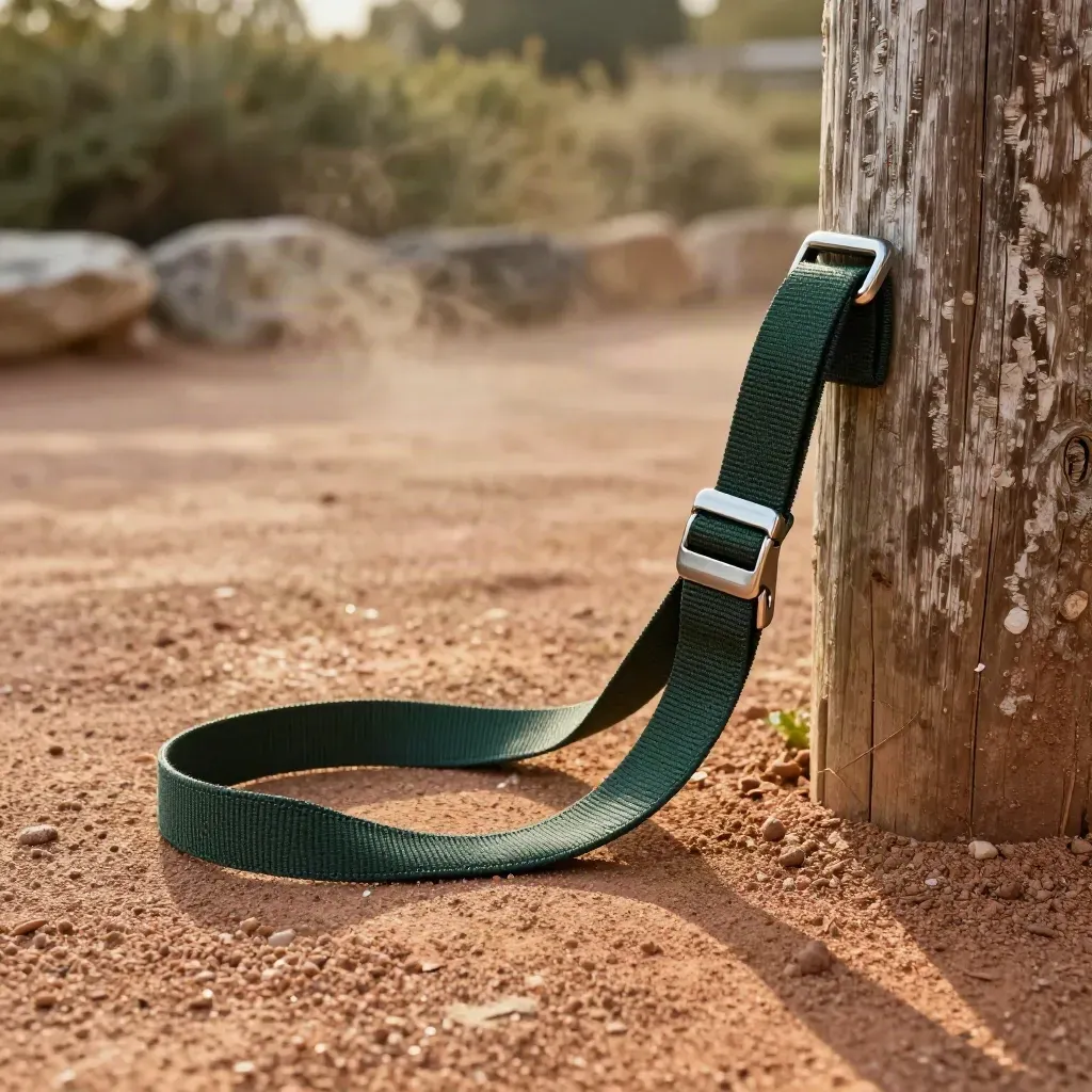Hands-free dog lead coiled around a post on a gravel path in soft daylight.