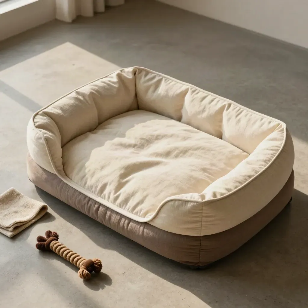 Orthopedic dog bed with throw and chew toy on a concrete slab, top-down.