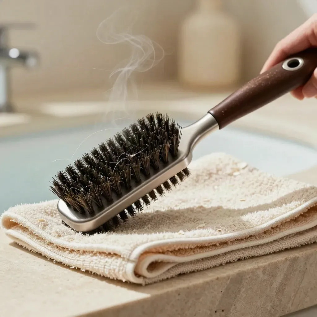 Double-sided slicker brush beside a grooming towel, lit softly with loose fur wisps.