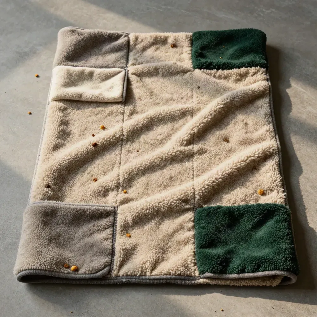 Overhead flatlay of a busy nose mat with kibble tucked into fleece pockets on concrete