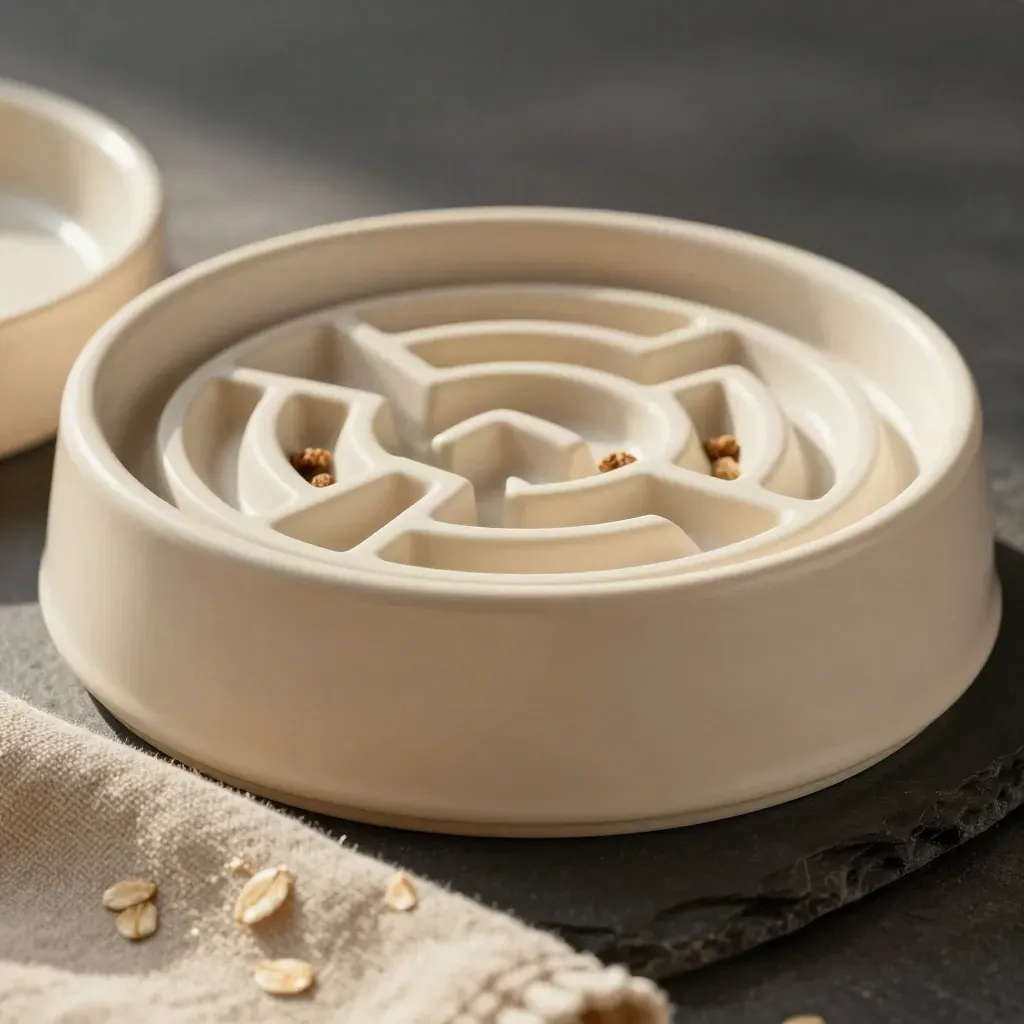 Cream slow feeder bowl with kibble on charcoal slate, softly lit in a premium studio hero shot
