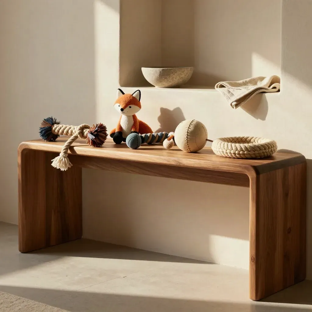 Sunlit dog toys on a timber console with calm copy space below.