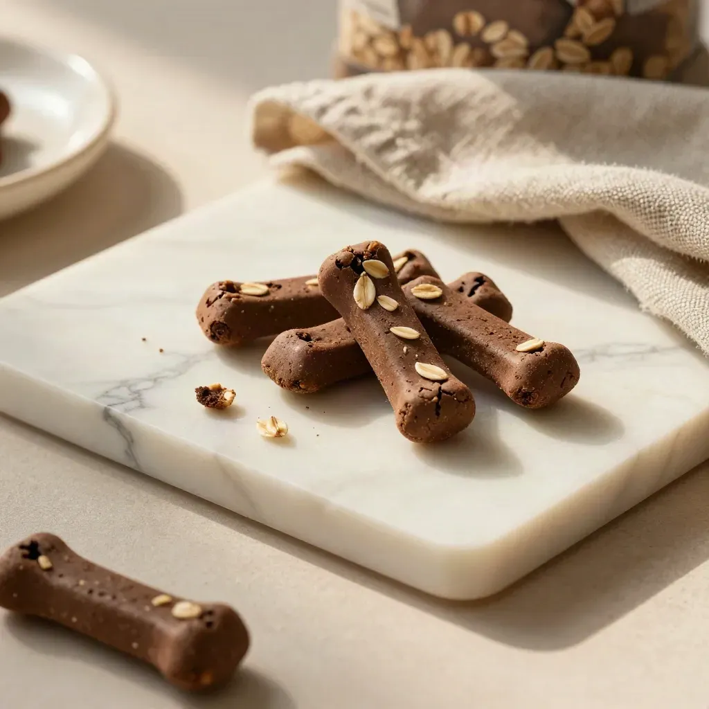 Cream marble surface with dog treats, linen cloth, and soft sunlit haze