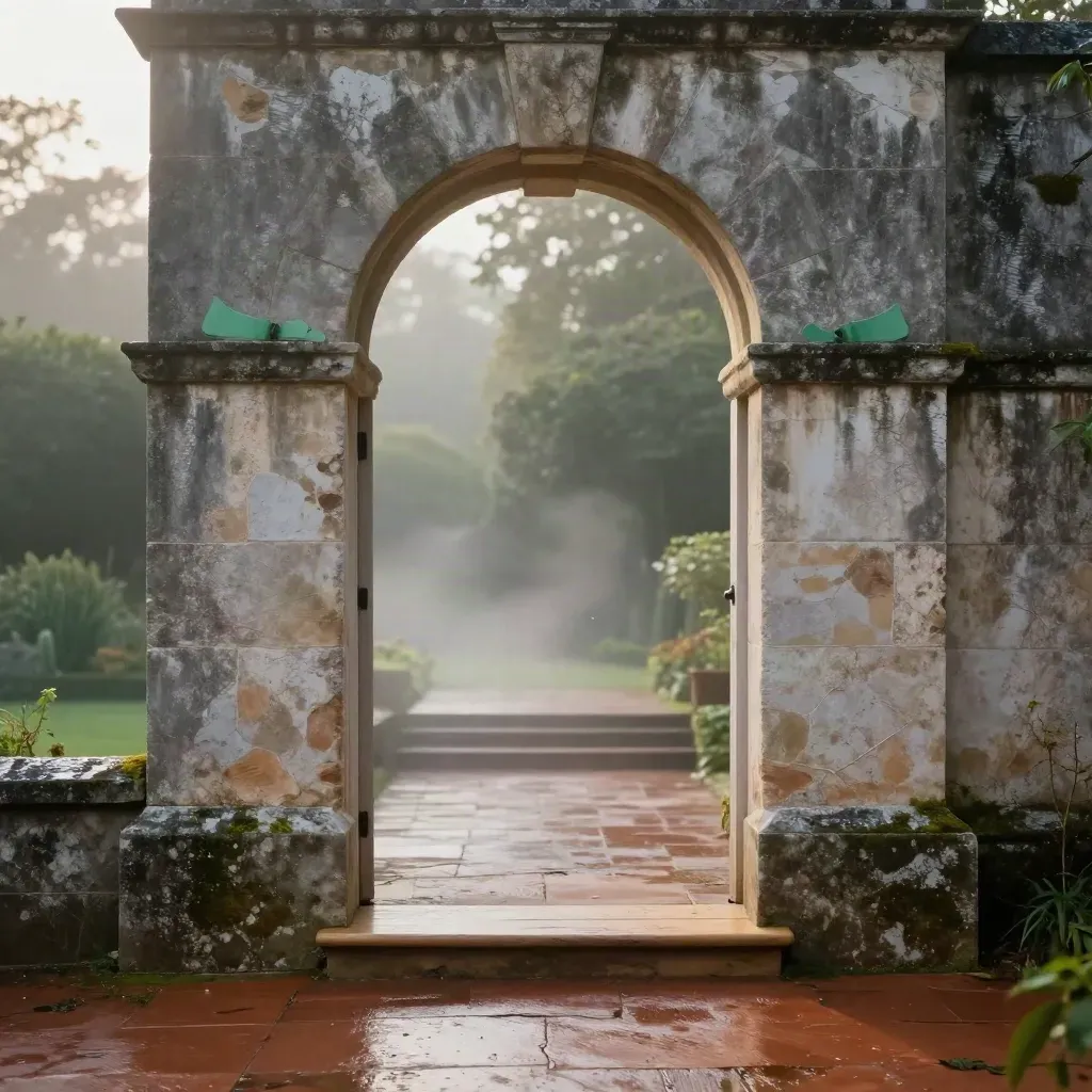 Sunlit stone garden doorway with leads and collar silhouettes above calm copy space.