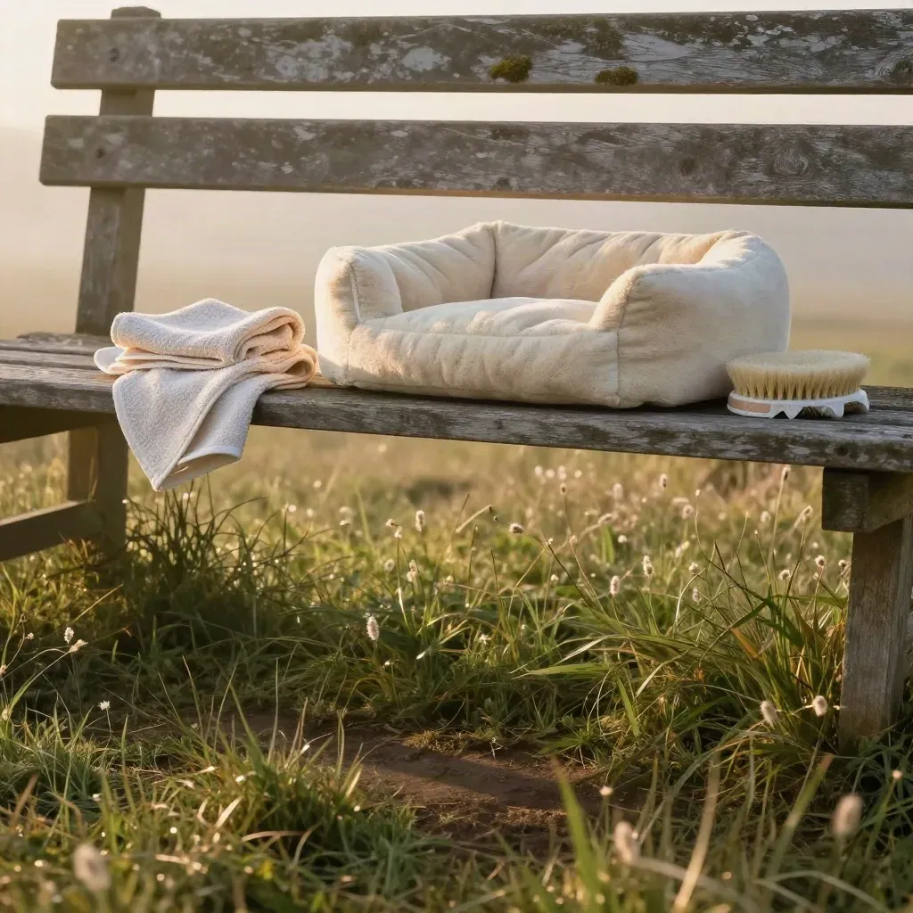 Bench with grooming towel and dog bed beside a misty grassy verge at sunset