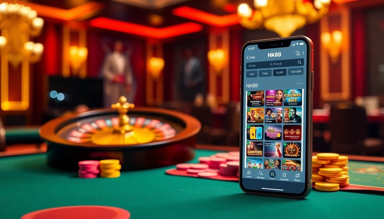 Experience thrilling gameplay with the NK88 APP showcasing luxury casino elements.