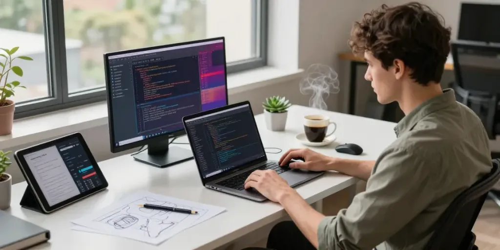 Professional workspace showcasing coding and instant indexing tools on laptop, fostering a creative tech environment.