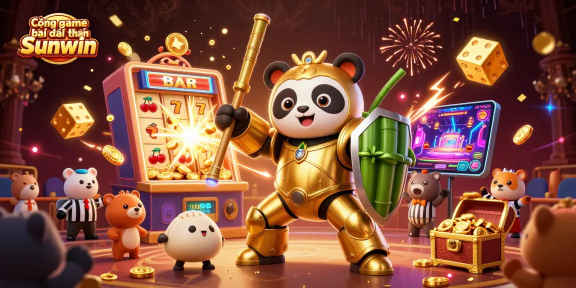 Cổng game bài đổi thưởng Sunwin showcases a thrilling scene with a golden panda pilot in a bamboo robot, surrounded by slot machines and gaming action.