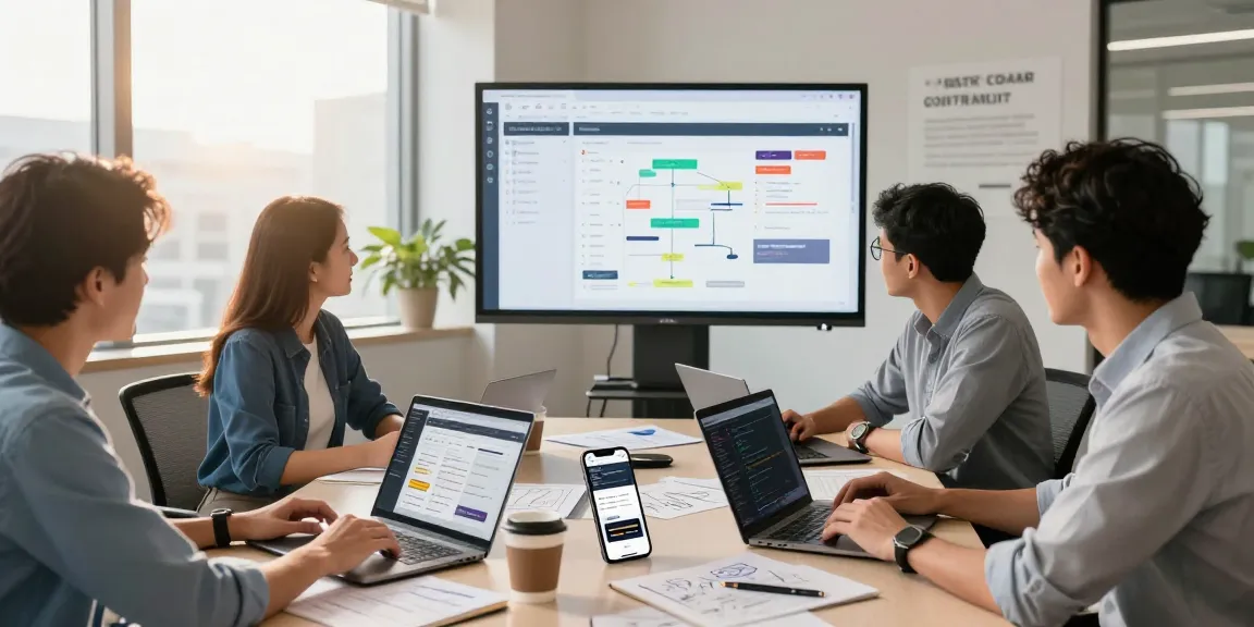 Collaboration in a modern web development office showcasing website builder Malaysia project dynamics.