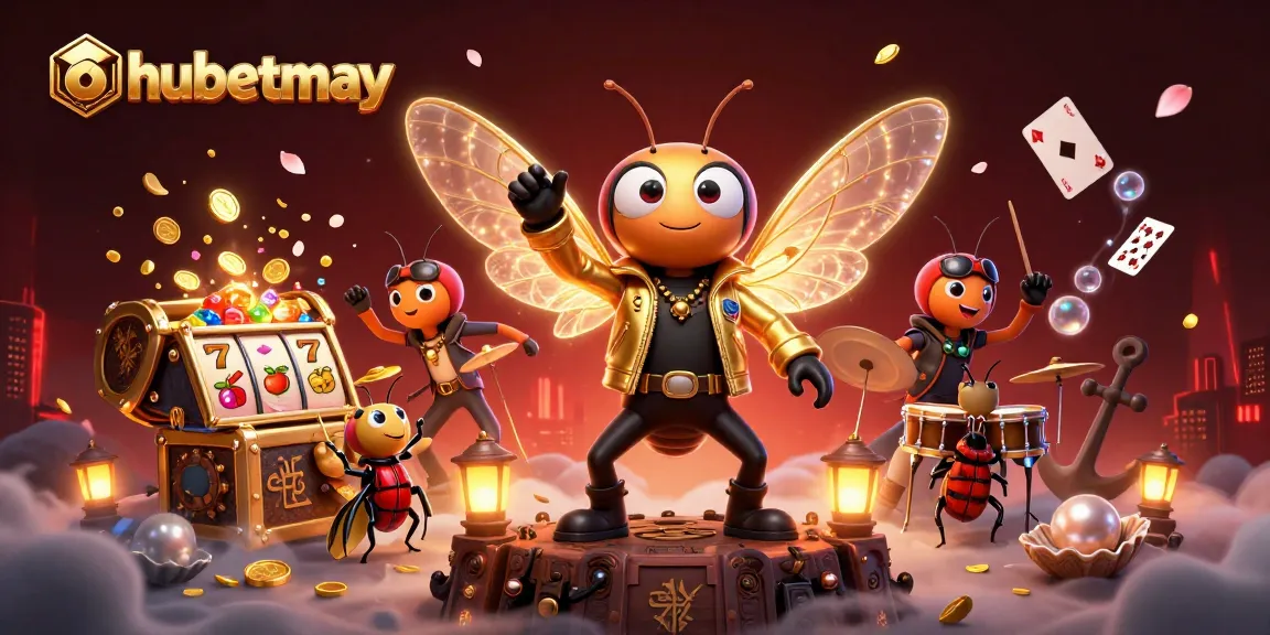 Experience hubetmay's vibrant online casino atmosphere with colorful characters and floating games.