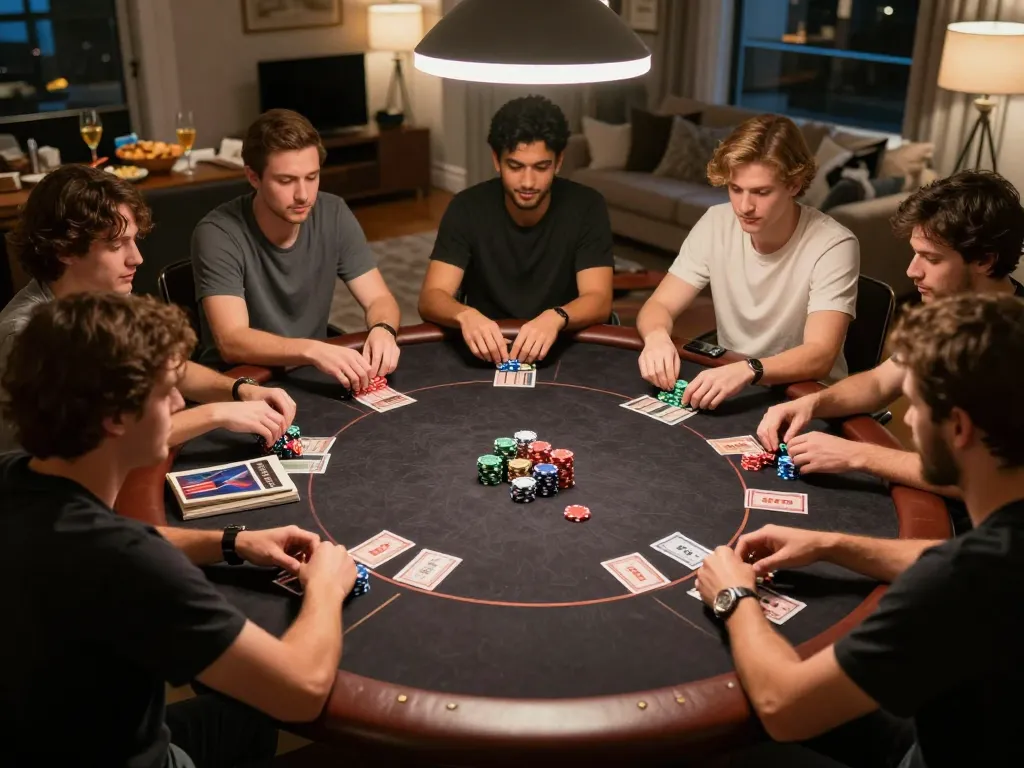 aud play poker game in a cozy home setting with friends, warm lighting and vibrant atmosphere