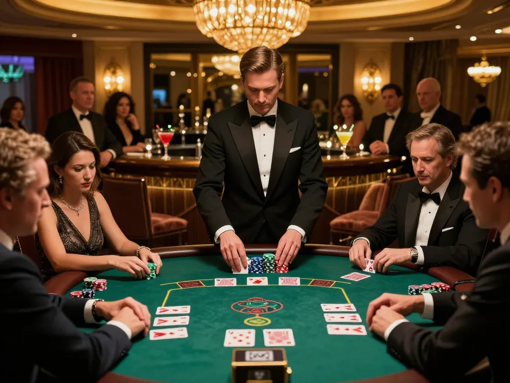 Players at the Fly88 movie blackjack table strategizing their next move in a luxurious casino setting.