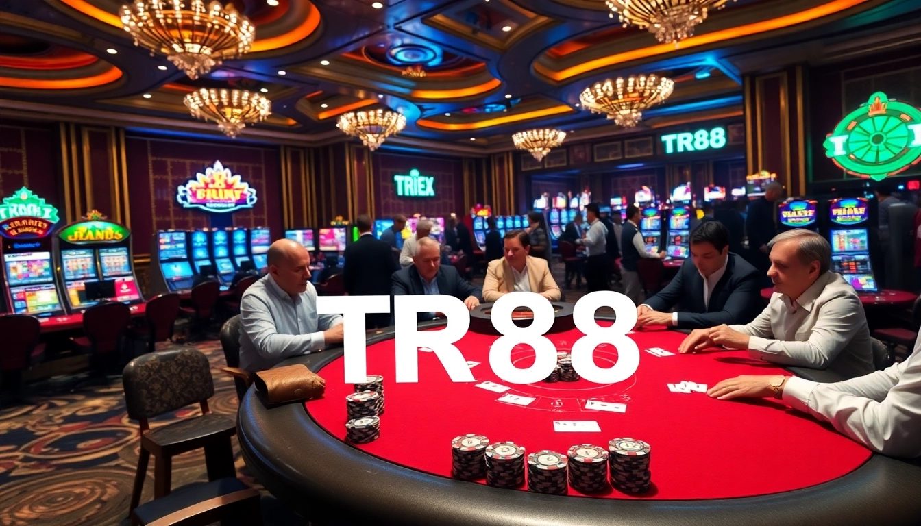 Exciting gambling scene at a luxury casino with TR88-themed poker tables and colorful slot machines.