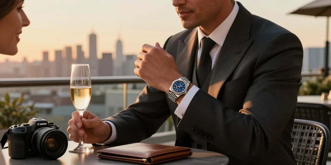Elegant individual showcasing a Rolex replica while enjoying a sunset view with stylish accessories in a luxurious outdoor setting.