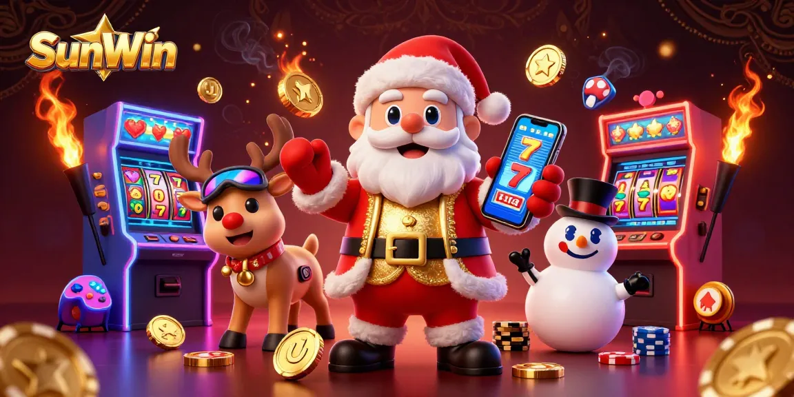Experience SunWin's electrifying casino atmosphere with Santa, reindeer, and snowman celebrating jackpots!