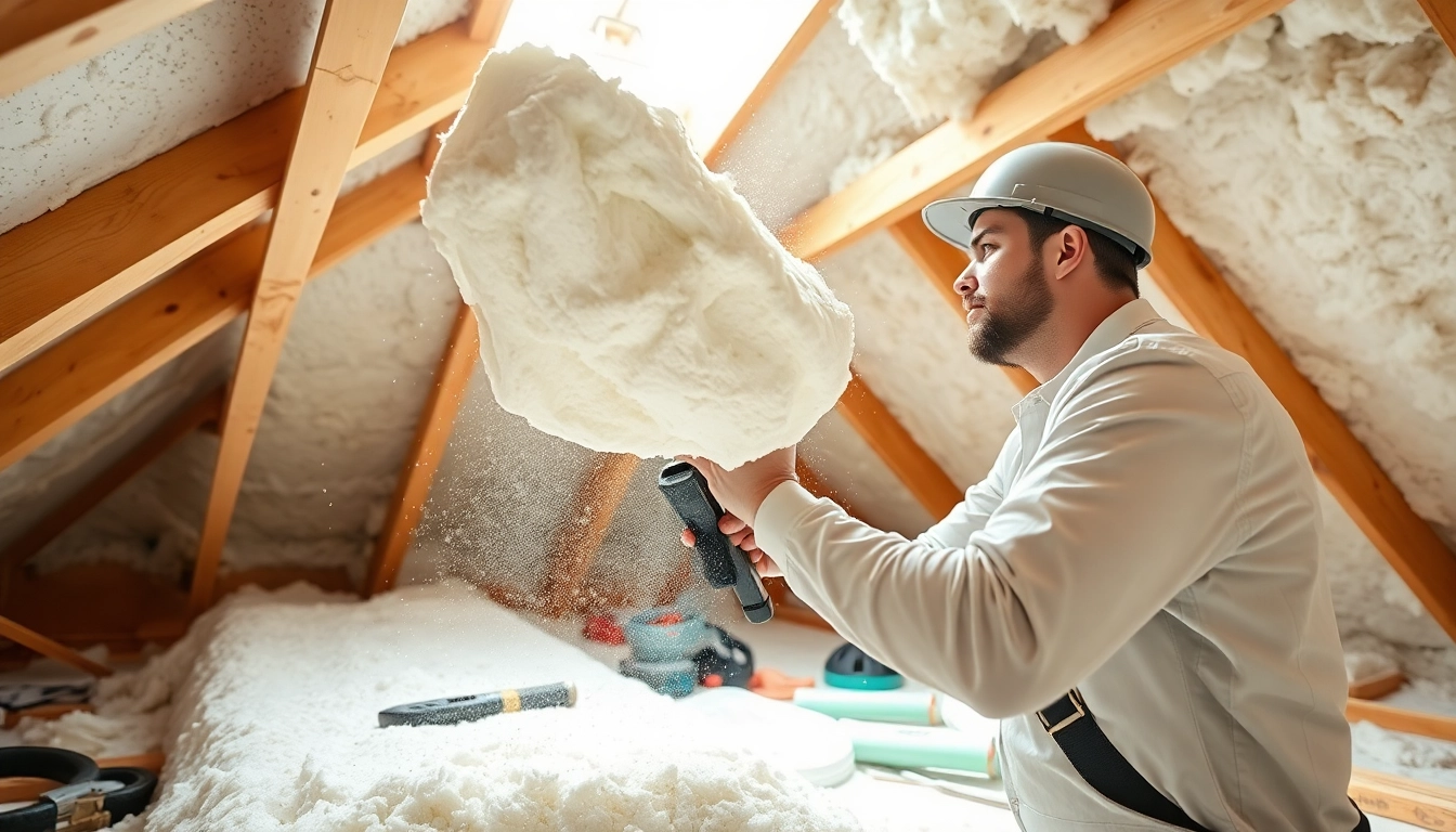 Efficient roof spray foam removal process by a technician in an attic.