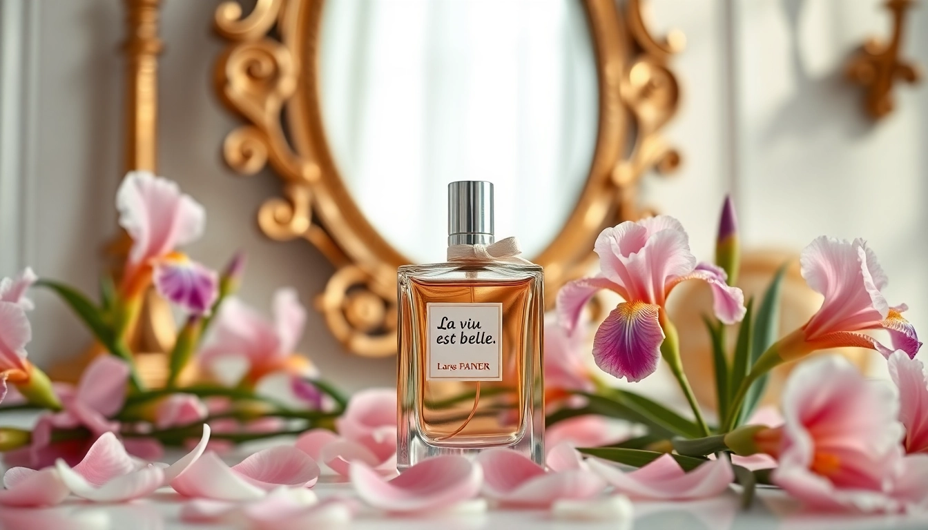Captivating La vi est belle perfume bottle on an elegant vanity, surrounded by irises and petals.