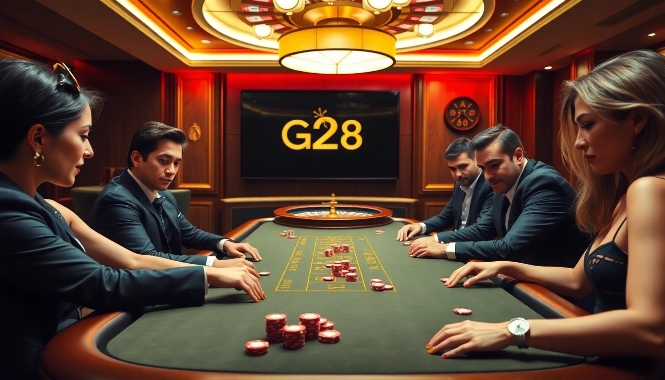 Experience elite gambling at G28's poker table in an upscale casino setting.