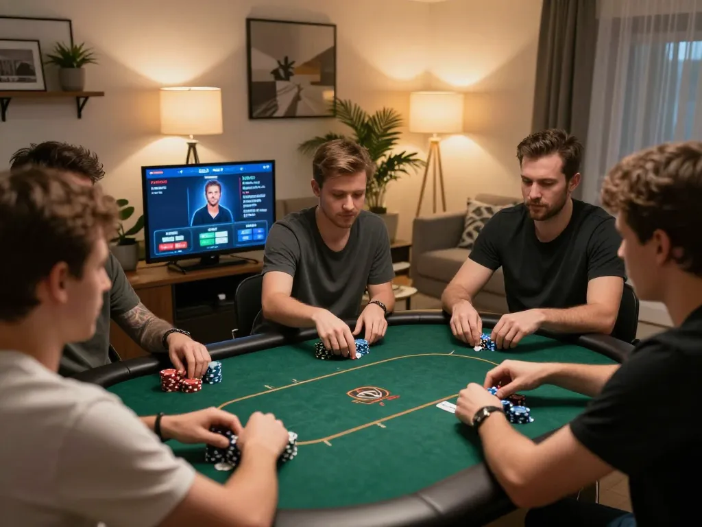 uu88 players engaged in intense online poker strategy session from home with chips and notes