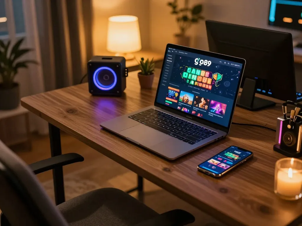 Experience go89's thrilling online gambling with a dynamic gaming setup illuminated by warm lighting.