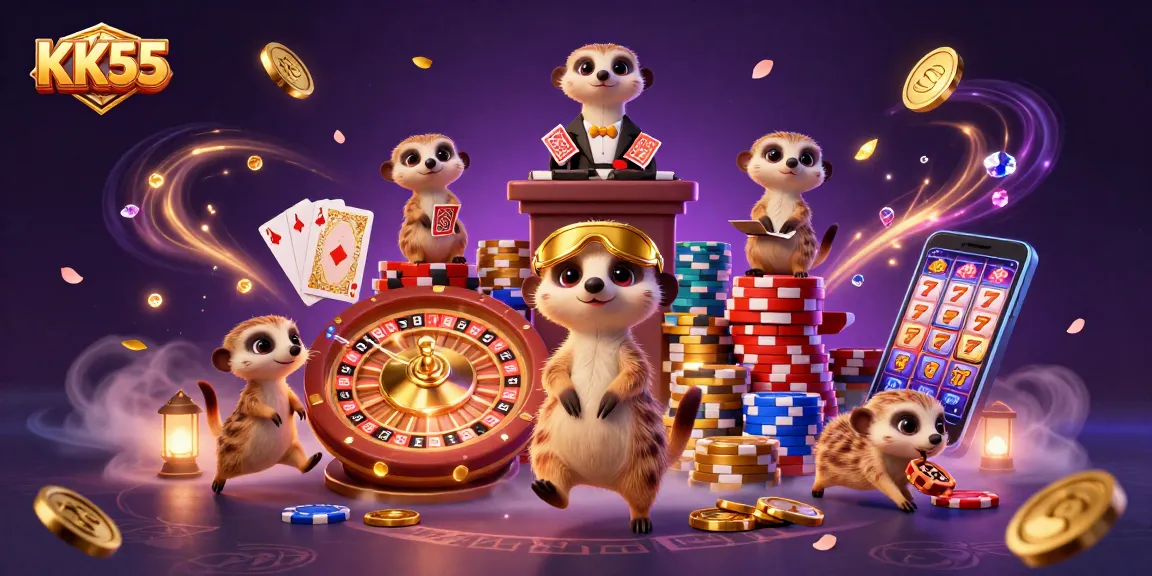 Experience thrilling wins at KK55 casino with meerkats running the gaming floor, as playing cards and chips fill the atmosphere.