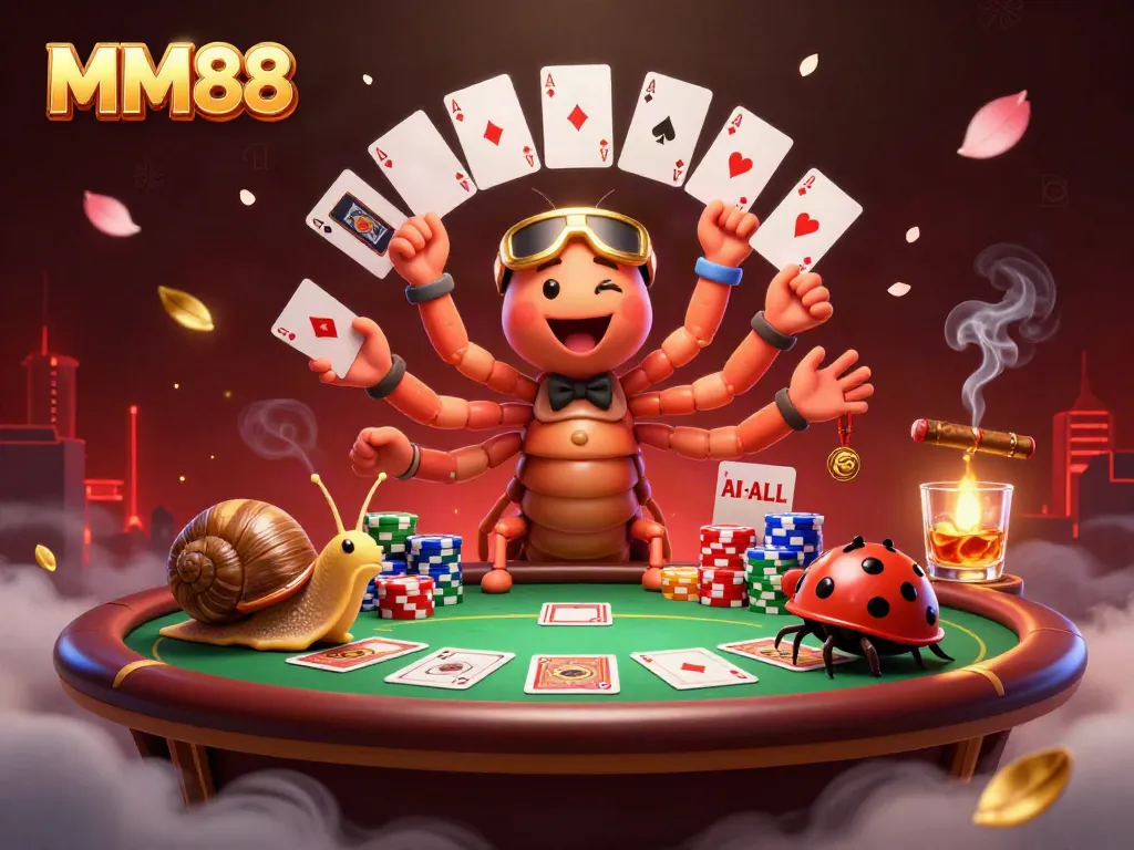 Experience thrilling moments at MM88 with a dynamic casino scene featuring a lively cartoon dealer and high-roller.