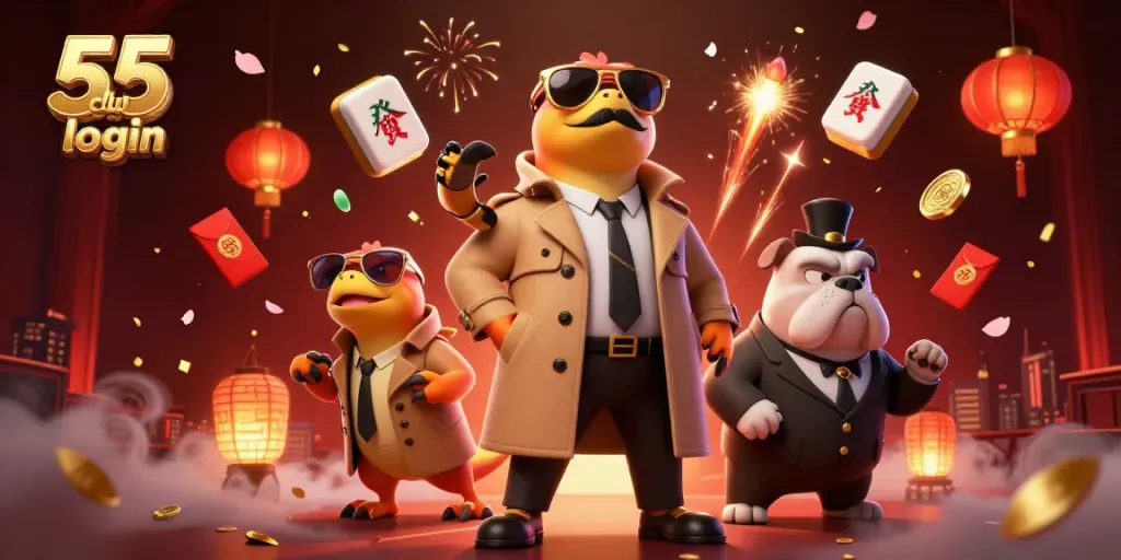 Engage with 55 club login in a lively 3D casino scene with raptors in disguise