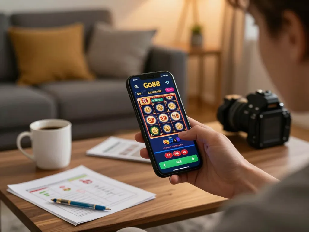 Engaging with Go88 casino app for exciting online gaming experience in a cozy setting.