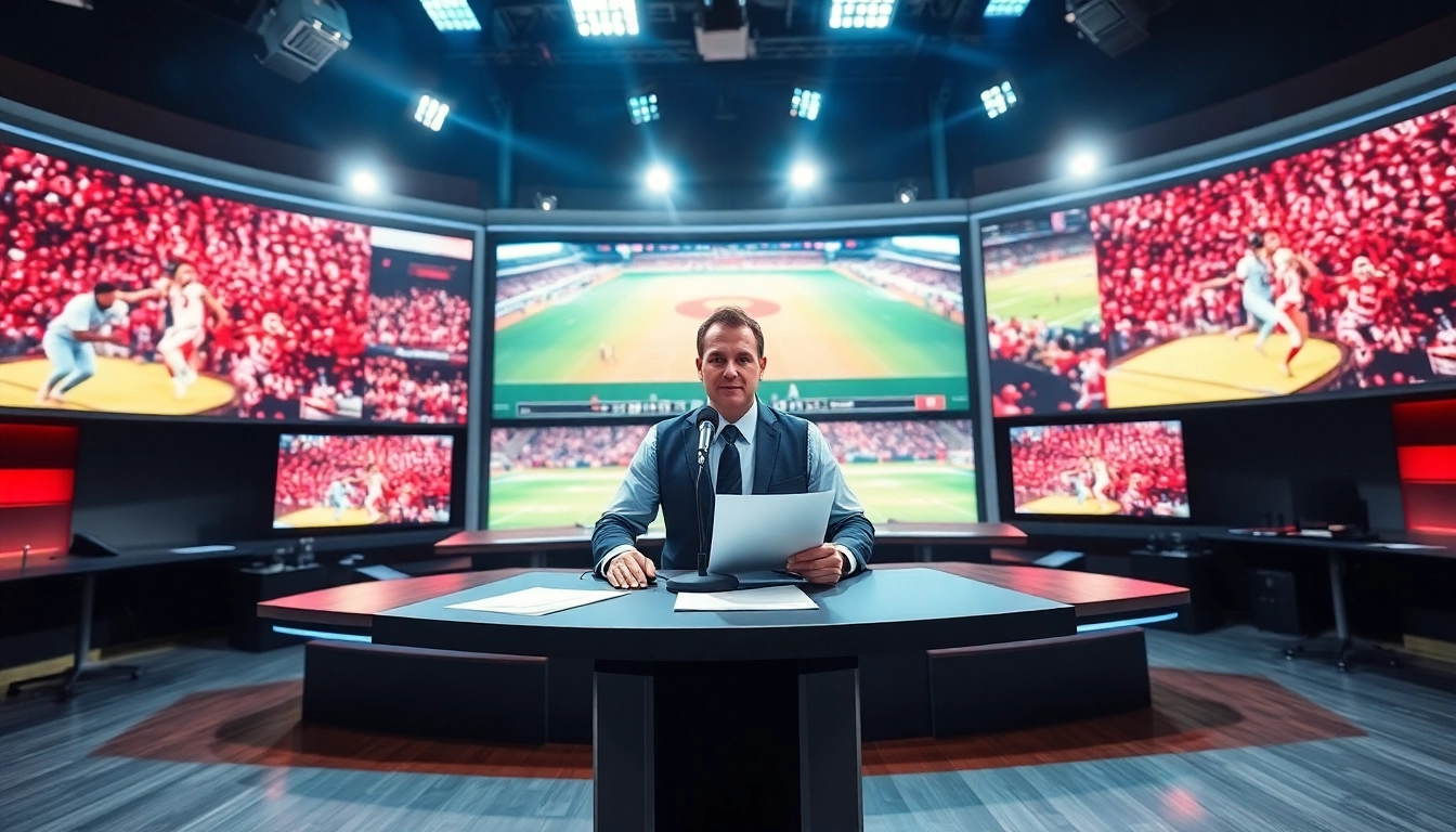 Engaging sports broadcasting studio with vibrant displays and commentator on air.