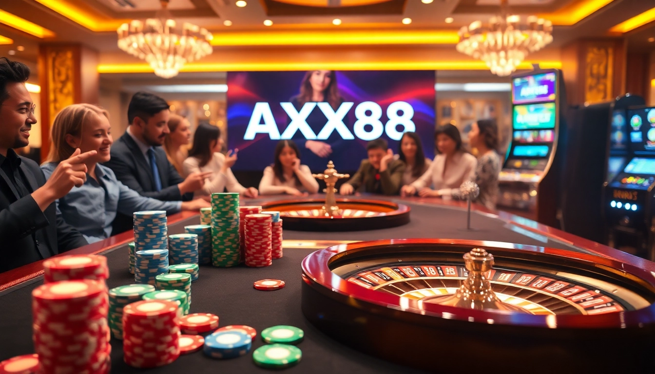 AXX88 casino scene showcasing vibrant poker chips, a roulette wheel, and a slot machine with players celebrating wins.