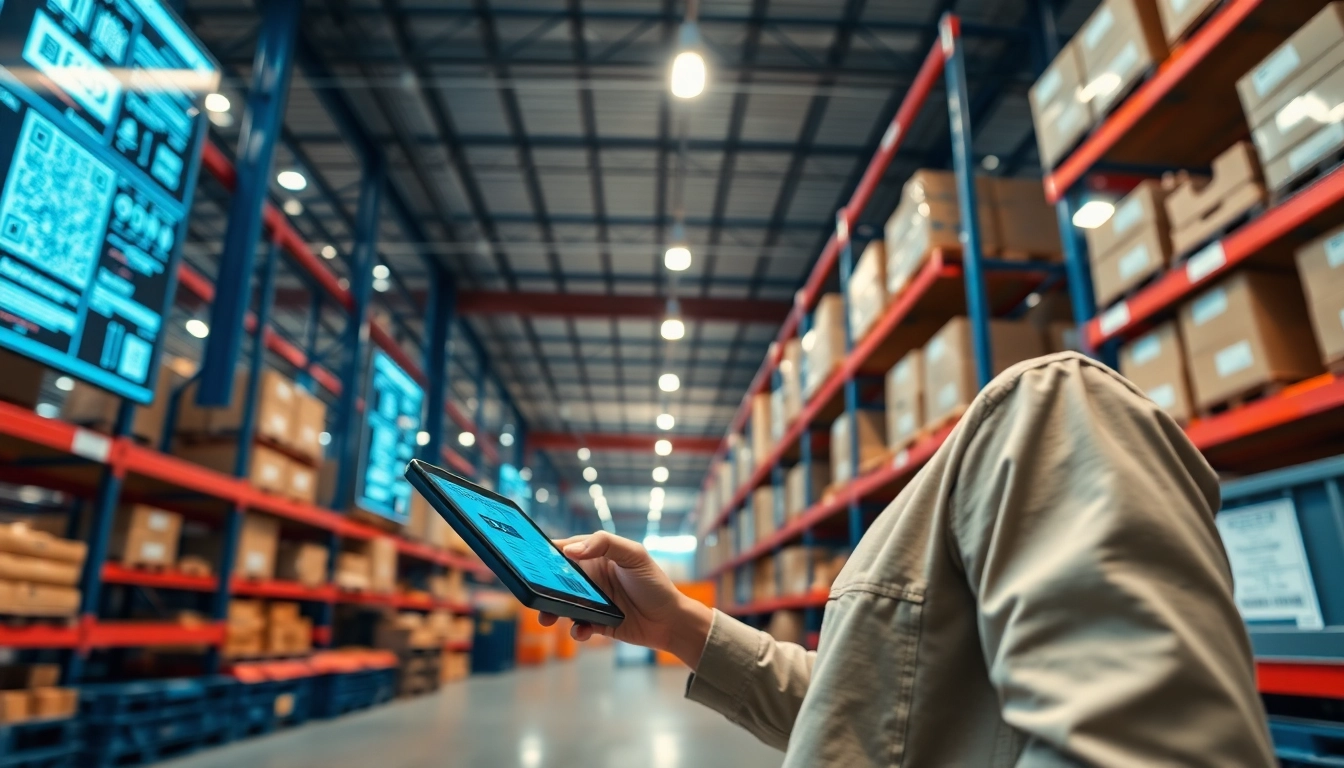 Digital traceability system in action with QR codes and RFID tags tracking products in a modern warehouse.
