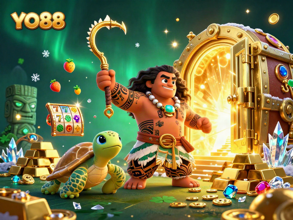 Win big with YO88 in an immersive casino scene full of vibrant slot machines and treasures