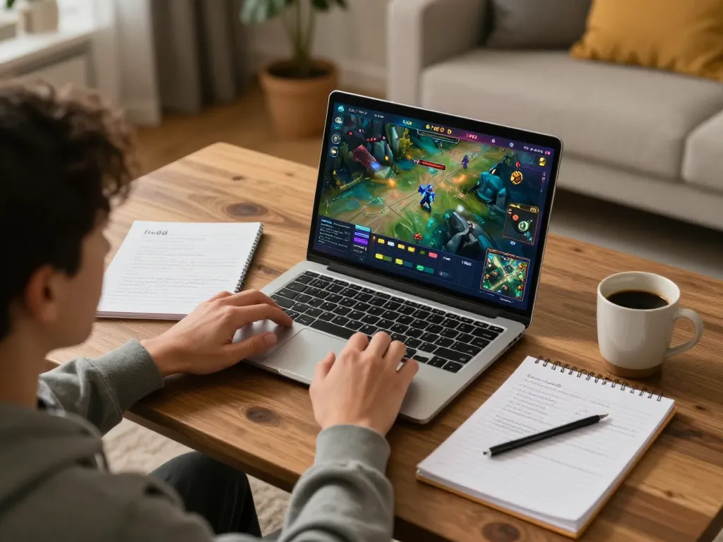 Engaged player experiencing the lv88 game on a laptop, surrounded by strategy notes in a cozy home.