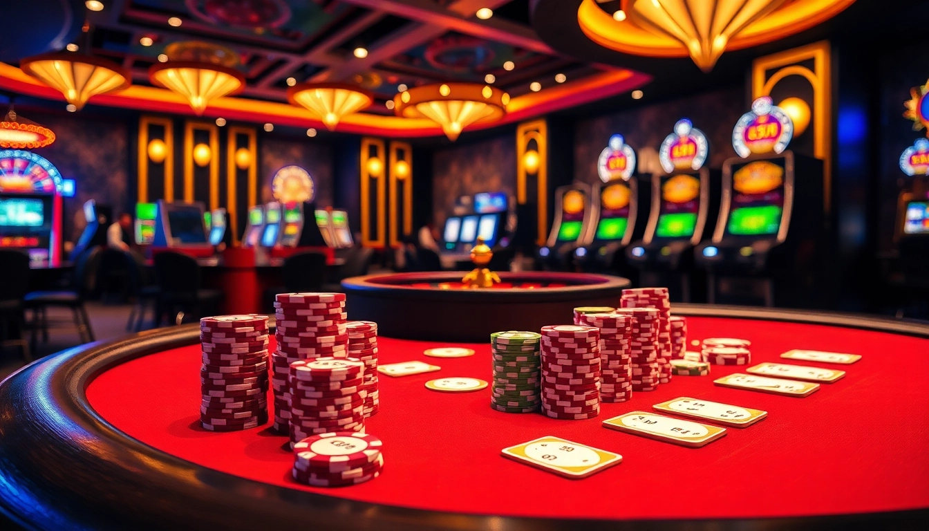 Play at the LC88 gaming table with poker chips and cards illuminating the excitement.