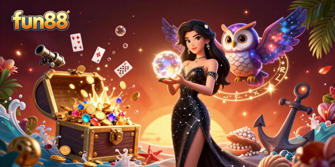Experience thrilling fun88 moments as a mystical woman conjures luck surrounded by rich casino elements.