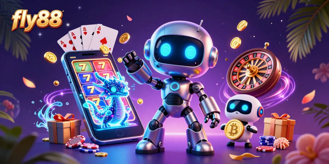 Fly88 casino gaming scene with a cyberpunk mascot, holographic dragon, and drone, showcasing vibrant slot game excitement.