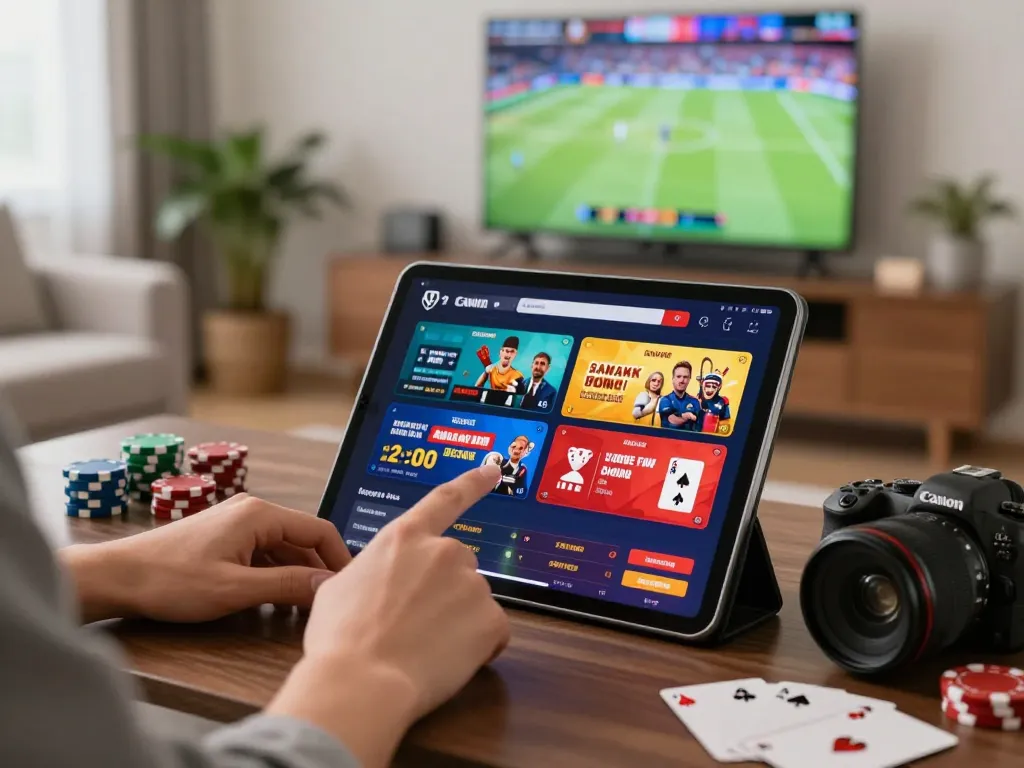 Interactive 399W online betting scene with tablet showcasing sports options.