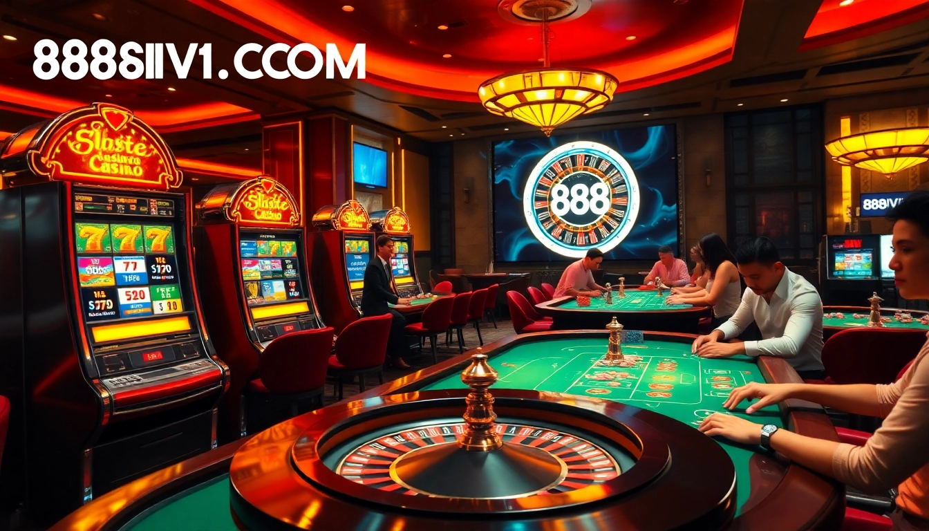 Engaged players celebrating wins at 888VI COM’s online casino with vibrant games and poker chips.