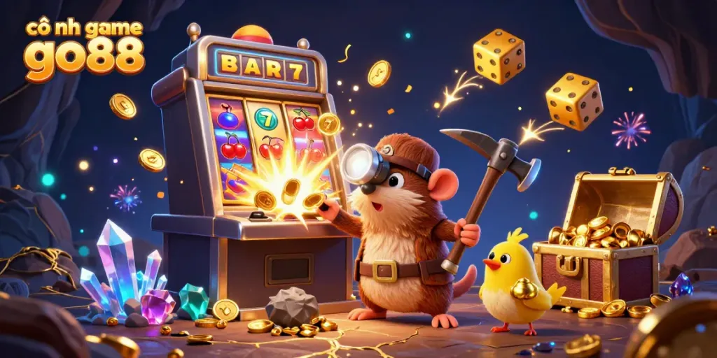 Experience the thrill of cổng game go88 with a treasure hunter mole and dynamic gaming elements surrounding them.