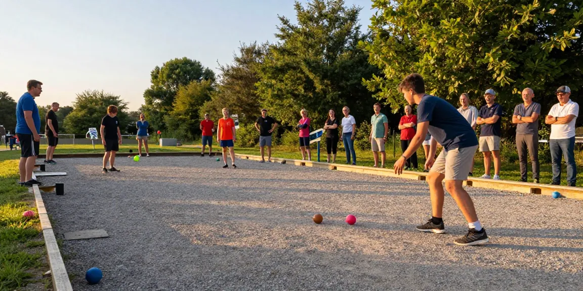 Exciting petanque match at sunset with players targeting their balls at fopikotapontiana.org court.