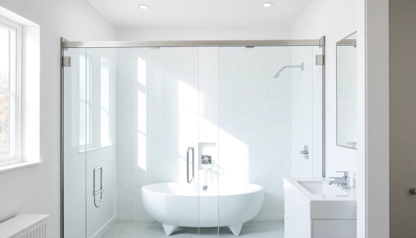 Showcase of modern shower sliding doors enhancing a bright, stylish bathroom.