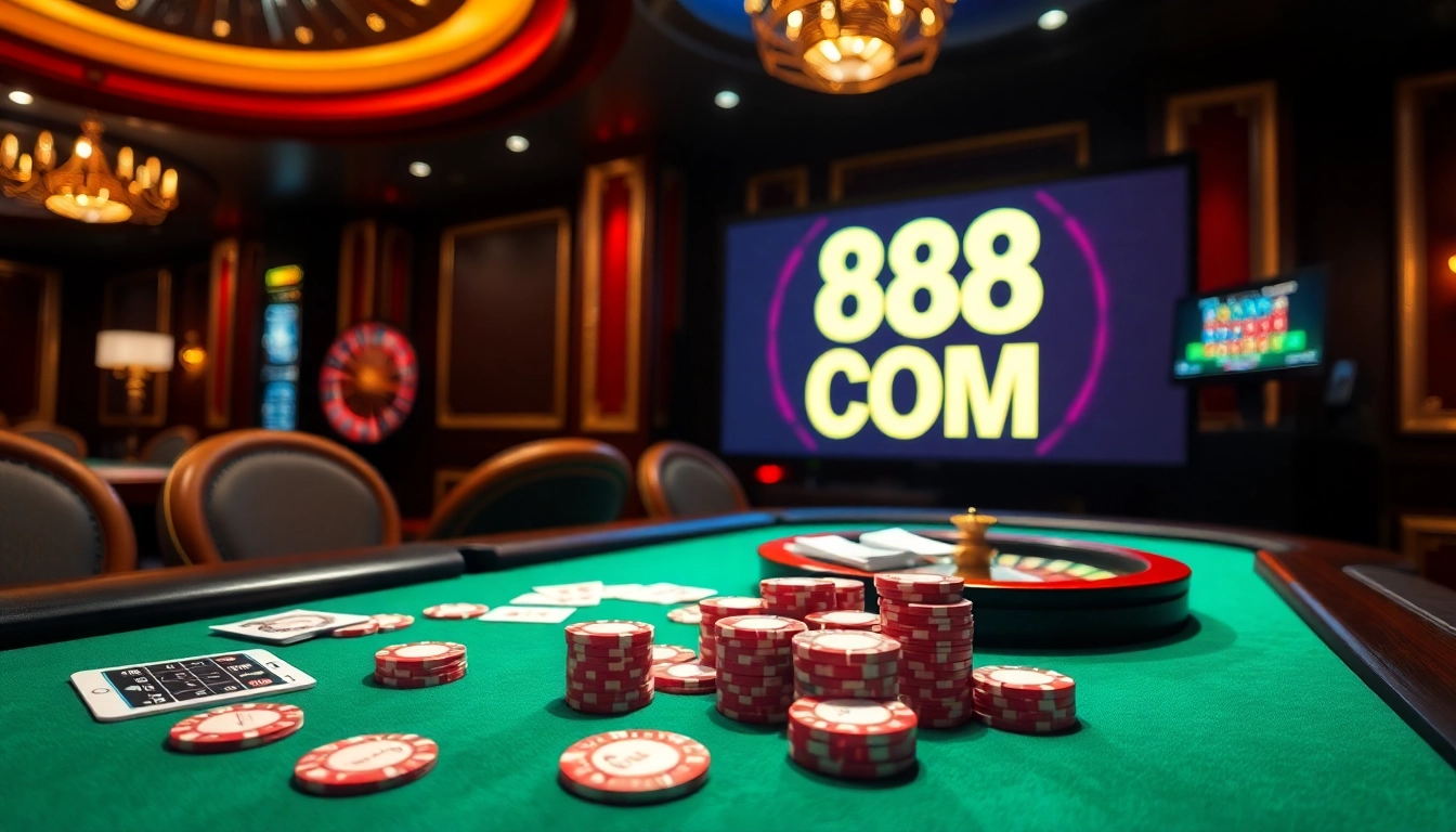 Exciting gambling scene at 888VND COM showcasing a poker table and roulette wheel.