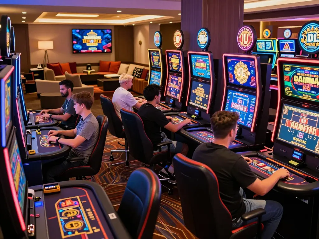 Exciting gaming atmosphere at https://zx88.nl/ with players engaging in various casino games and vibrant lighting.