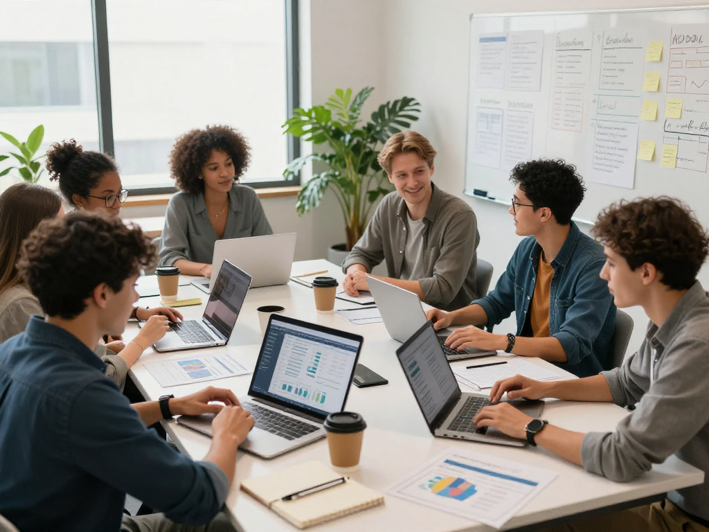 University and trade school graduates collaborating in a lively workspace.