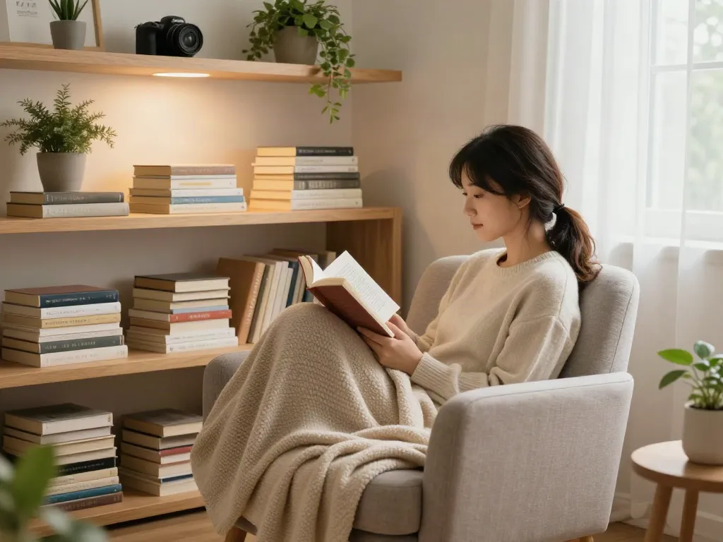 A cozy reading nook where I was reading this book, featuring a warm atmosphere with plants and soft lighting.