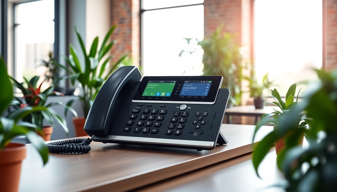 Showcasing an advanced digital telephone system set in a bright office environment.