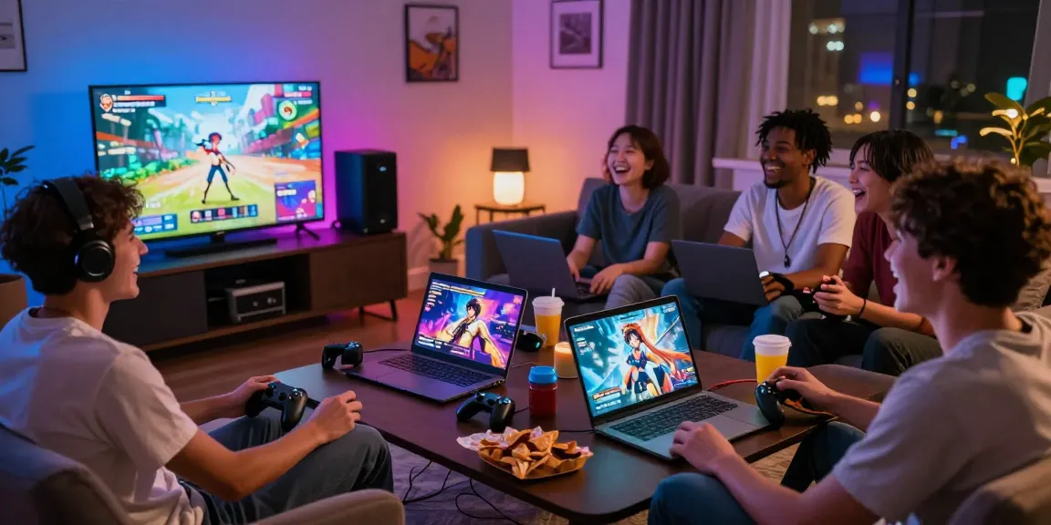 Diverse players enjoying online hentai games in a lively living room setting with vibrant visuals.