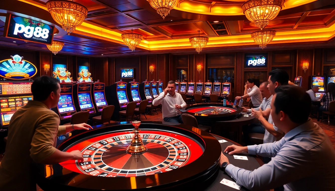 Players enjoying a thrilling game at pg 88 casino, surrounded by vibrant slot machines and elegant decor.