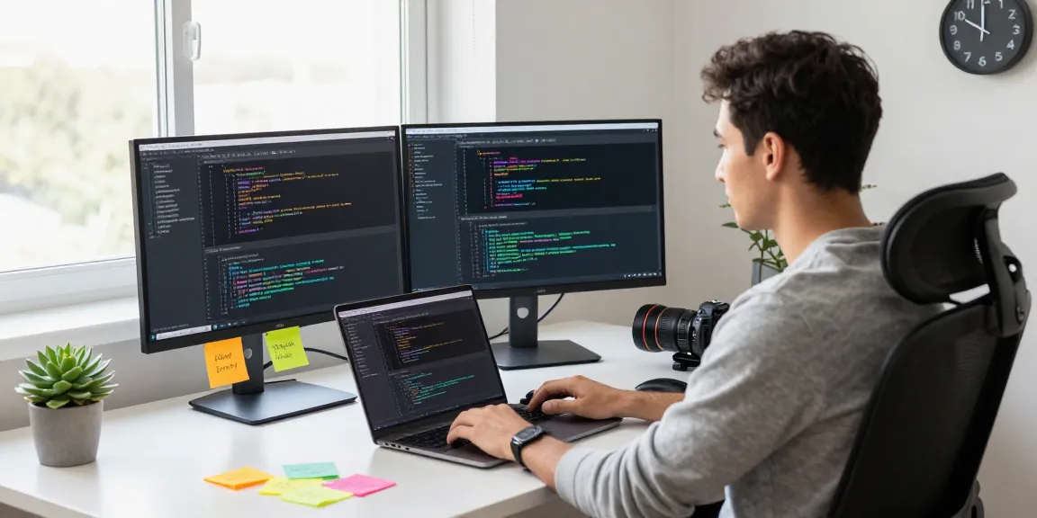 Software developer coding with dual monitors in an innovative workspace reflecting ia +18 trends.